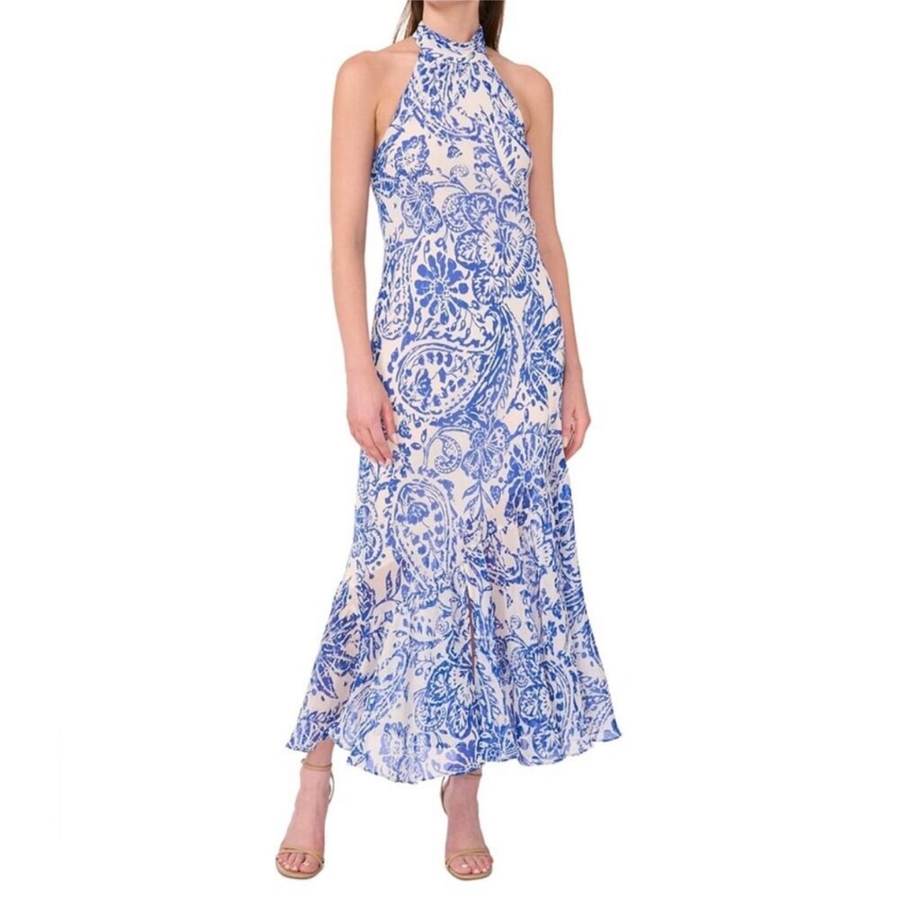 1 State Blue and White Floral Halter Maxi Dress